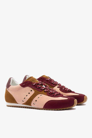 Stella Sneaker In Tulip, Russet and Wine Suede and Silver Metallic Leather Sneaker Larroudé