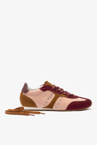 Stella Sneaker In Tulip, Russet and Wine Suede and Silver Metallic Leather Sneaker Larroudé
