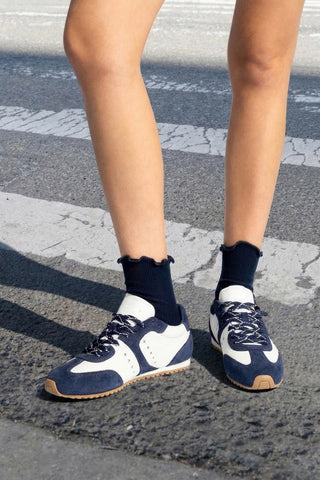 Stella Sneaker In White Leather and Indigo Suede Sneaker Larroudé