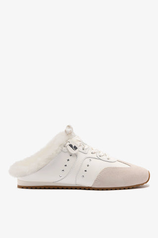 Stella Mule In Mushroom Grey Suede and White Shearling