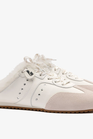 Stella Mule In Mushroom Grey Suede and White Shearling