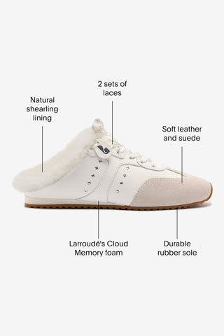 Stella Mule In Mushroom Grey Suede and White Shearling Sneaker Larroudé