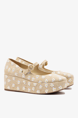 Blair Flatform In Raw Linen and Daisy Embroidery