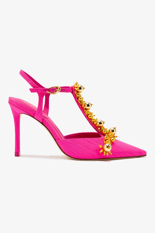 Larroudé x Libertine Pump In Magenta Fabric and Golden Balls