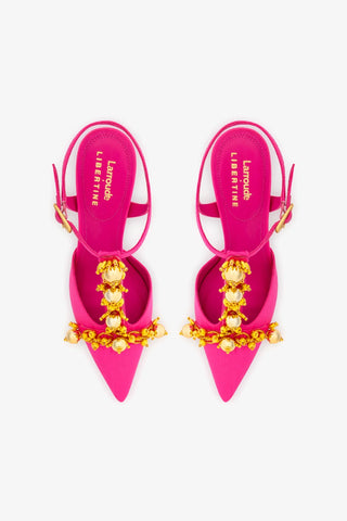 Larroudé x Libertine Pump In Magenta Fabric and Golden Balls