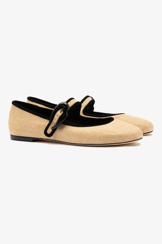 Verona Ballet Flat In Beige Raffia and Black Trimming