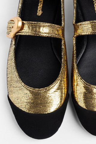 Verona Cap Ballet Flat Gold Leather and Black Suede Flat Larroudé