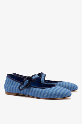 Verona Ballet Flat In Egyptian Blue Striped Fabric and Navy Trimming