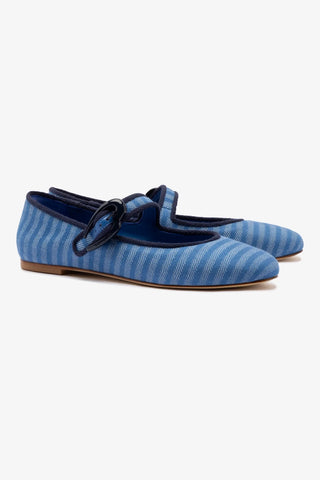 Verona Ballet Flat In Egyptian Blue Striped Fabric and Navy Trimming