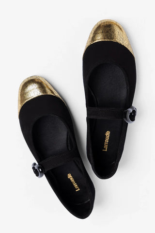 Verona Cap Ballet Flat Black Suede and Gold Leather