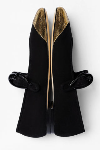 Verona Cap Ballet Flat Black Suede and Gold Leather