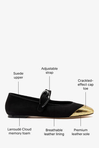 Verona Cap Ballet Flat Black Suede and Gold Leather