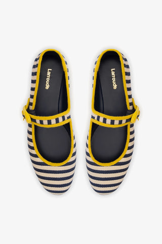 Verona Ballet Flat In Navy and Natural Striped Fabric and Lemonade Trimming