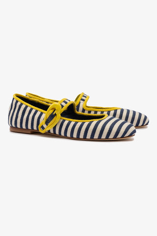 Verona Ballet Flat In Navy and Natural Striped Fabric and Lemonade Trimming