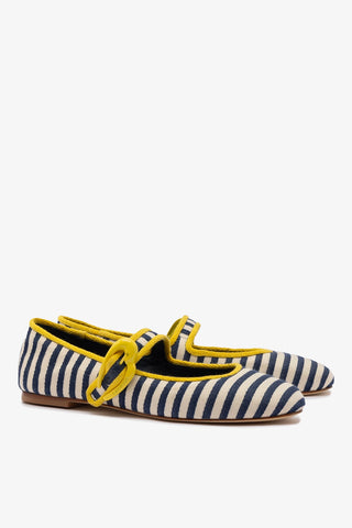 Verona Ballet Flat In Navy and Natural Striped Fabric and Lemonade Trimming