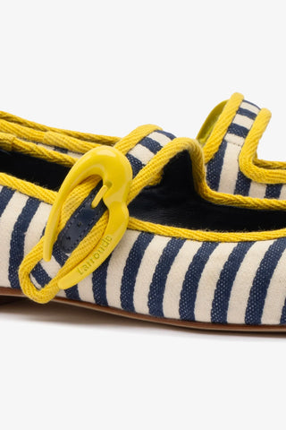 Verona Ballet Flat In Navy and Natural Striped Fabric and Lemonade Trimming