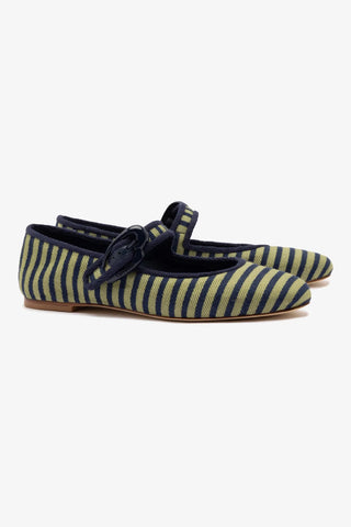 Verona Ballet Flat In Navy and Green Striped Fabric and Navy Trimming