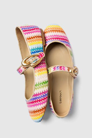 Verona Ballet Flat In Rainbow Raffia and Beige Leather