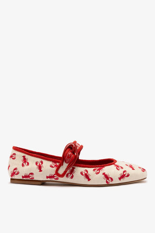 Verona Ballet Flat In White Striped Fabric and Lobster Embroidery Ballet Larroudé