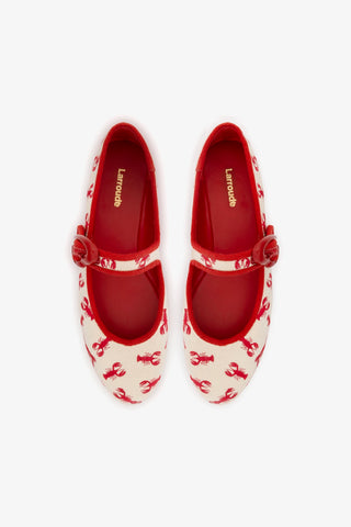 Verona Ballet Flat In White Striped Fabric and Lobster Embroidery