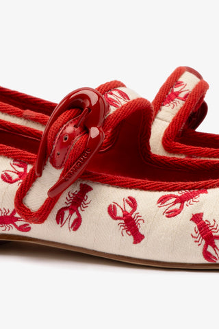 Verona Ballet Flat In White Striped Fabric and Lobster Embroidery