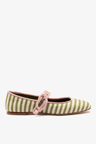 Verona Ballet Flat In Seaweed and Natural Striped Fabric and Tulip Trimming Ballet Larroudé