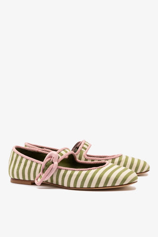 Verona Ballet Flat In Seaweed and Natural Striped Fabric and Tulip Trimming Ballet Larroudé