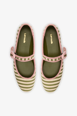 Verona Ballet Flat In Seaweed and Natural Striped Fabric and Tulip Trimming Ballet Larroudé