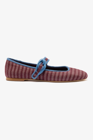 Verona Ballet Flat In Wine Striped Fabric and Blue Stoned Trimming Ballet Larroudé 5 Wine Velvet