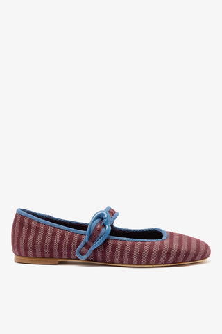 Verona Ballet Flat In Wine Striped Fabric and Blue Stoned Trimming Ballet Larroudé