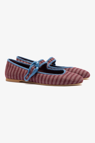Verona Ballet Flat In Wine Striped Fabric and Blue Stoned Trimming Ballet Larroudé