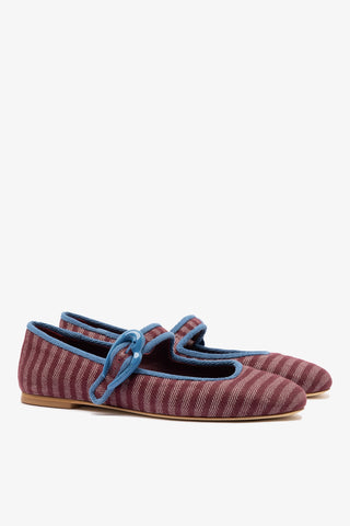 Verona Ballet Flat In Wine Striped Fabric and Blue Stoned Trimming Ballet Larroudé