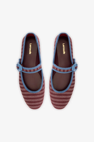 Verona Ballet Flat In Wine Striped Fabric and Blue Stoned Trimming Ballet Larroudé