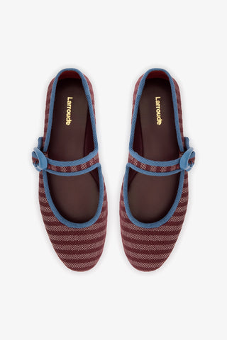 Verona Ballet Flat In Wine Striped Fabric and Blue Stoned Trimming Ballet Larroudé