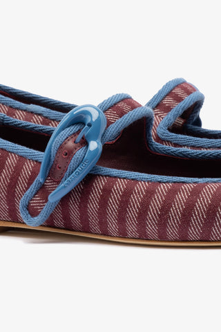 Verona Ballet Flat In Wine Striped Fabric and Blue Stoned Trimming Ballet Larroudé