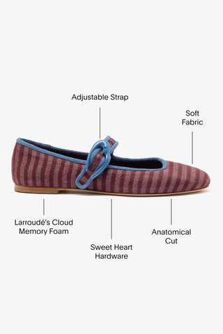 Verona Ballet Flat In Wine Striped Fabric and Blue Stoned Trimming Ballet Larroudé