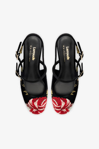 Larroudé x Markarian Pump In Black Wool and Floral Embroidery