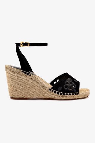 Letizia Espadrille Wedge In Black Suede and Hibiscus Broderie