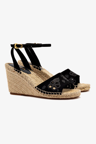 Letizia Espadrille Wedge In Black Suede and Hibiscus Broderie