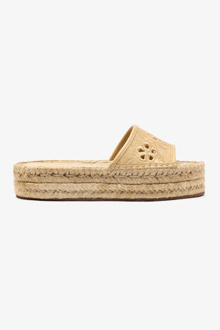 Letizia Espadrille Flatform In Beige Raffia and Hibiscus Broderie