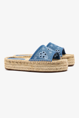 Letizia Espadrille Flatform In Blue Stoned Denim and Hibiscus Broderie