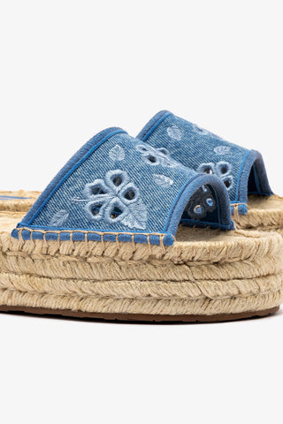 Letizia Espadrille Flatform In Blue Stoned Denim and Hibiscus Broderie