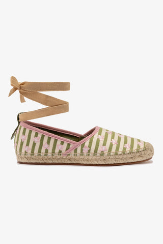 Letizia Espadrille Flat In Seaweed and Natural Striped Fabric and Daisy Embroidery