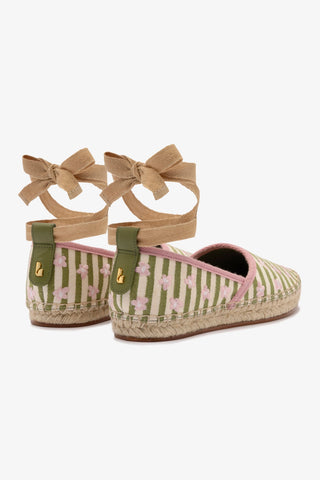 Letizia Espadrille Flat In Seaweed and Natural Striped Fabric and Daisy Embroidery