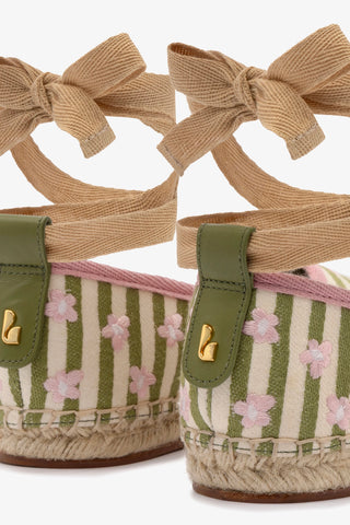 Letizia Espadrille Flat In Seaweed and Natural Striped Fabric and Daisy Embroidery