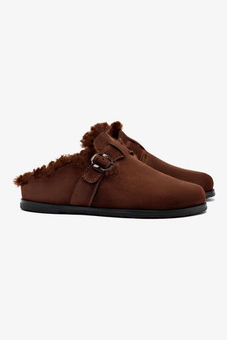 Milan Fur Clog In Brown Suede