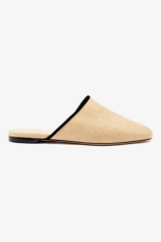 Venice Flat Mule In Beige Raffia and Black Trimming