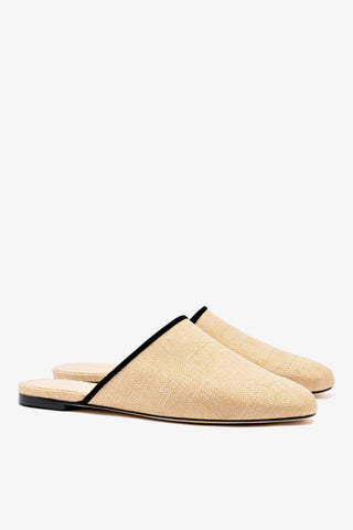 Venice Flat Mule In Beige Raffia and Black Trimming Mule Larroudé