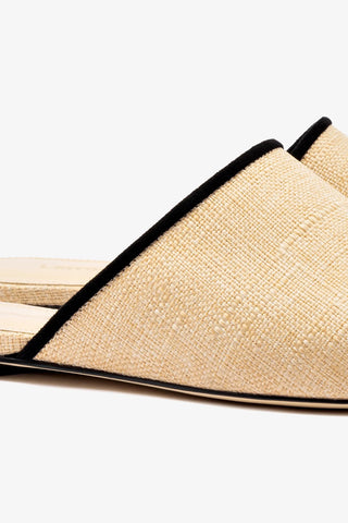 Venice Flat Mule In Beige Raffia and Black Trimming