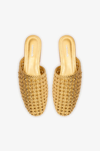 Venice Macrame Flat Mule In Gold Metallic Leather